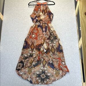 Sweet Storm Asymmetrical High-Low Halter Dress in Brown and Orange